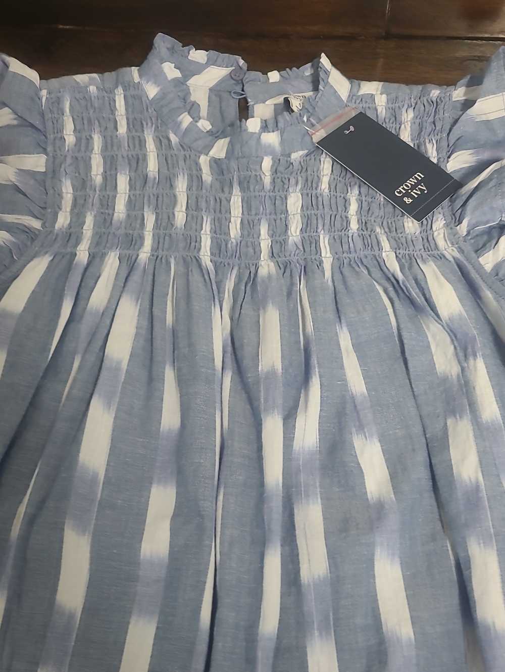 crown & ivy Light Blue and White Smocked Ruffle Neck Womens Dress